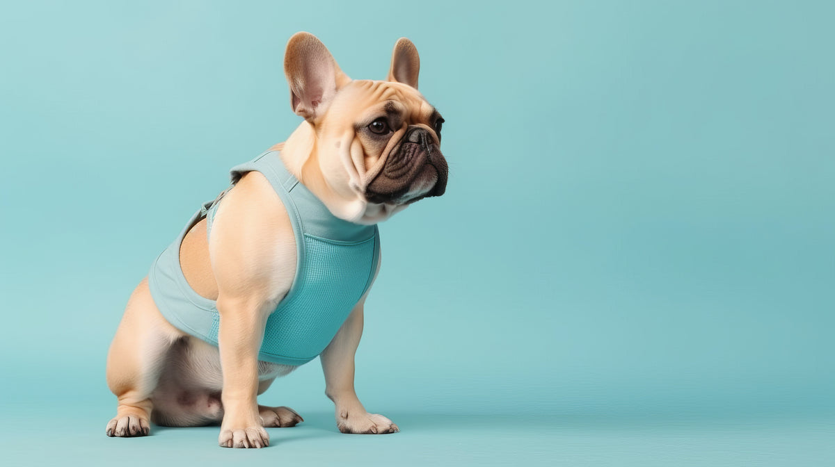 A french bulldog in a blue harness in front of a blue background